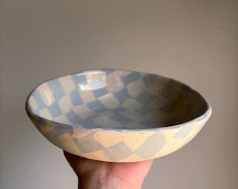 Blue and white checkered clay soup bowl with glossy interior