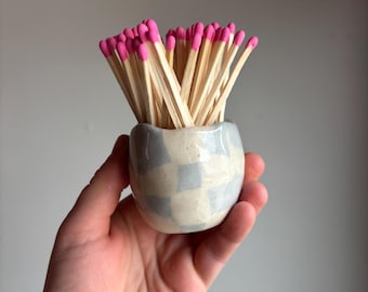 Blue and white checkered match holder with pink hand dipped matches