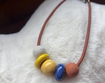 Leather necklace with handmade ceramic beads