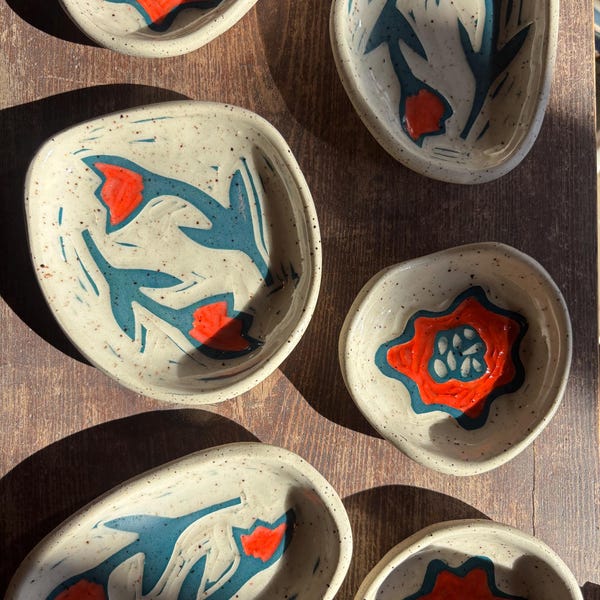 Red orange & teal floral catch all tray
