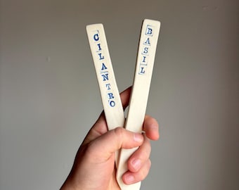 MADE TO ORDER: Porcelain herb stakes with blue text
