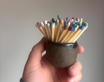 Black stoneware match holder with rainbow hand dipped matches