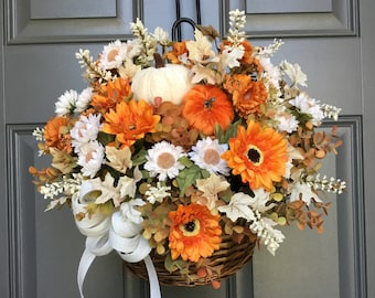 Autumn Wreath~Fall Basket for Front Door~Fall Hanging Basket~Rustic Hanging Basket~Farmhouse Fall Basket~Fall Door Decor~Fall Mum Wreath