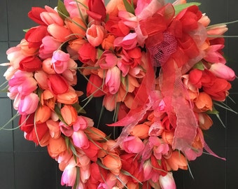 Valentine Tulip Wreath for Front Door~Heart Shape Tulip Wreath~Valentines Day Wreath~Spring Wreath~Tulips in Red, Peach & Pink~Heart Wreath