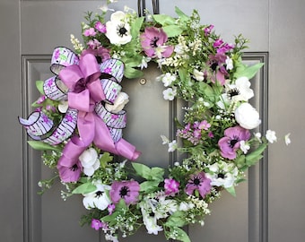 Mothers Day Spring Anemone Wreath~Summer Wreath for Front Door~Mothers Day Gift~Lavender Spring Wreath~Housewarming Gift