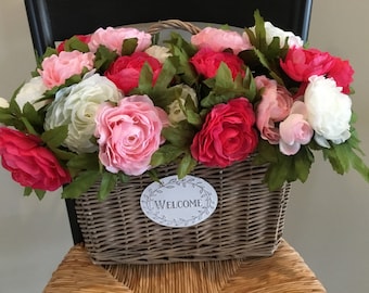 Welcome Basket~Mothers Day Gift~Spring Door Basket~Ranunculus Basket~Spring Wreath~Pink Spring Basket~Gift for Mom~Wicker Wall Basket~Basket