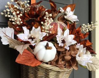 Fall Hanging Basket~Autumn Wreath~Fall Pumpkin Basket~Harvest Decor~Fall Door Basket~Farmhouse Fall Basket