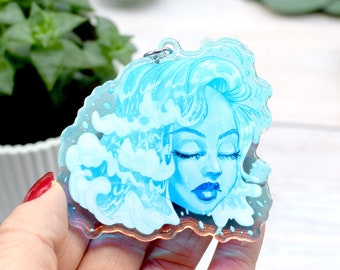 Allegory Water Element Holographic Effect Keychain Woman's Head with Waves Hair by Marylou Deserson
