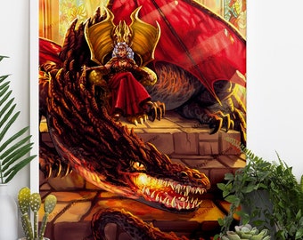 Impression d'art A3 Poster Reine rouge et son dragon - illustration fantasy héroïque médiéval par Marylou Deserson