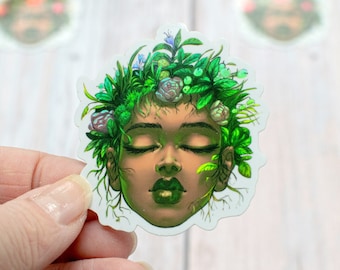 Holographic effect vinyl sticker earth element allegory woman head with flowers hair by Marylou Deserson