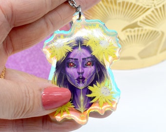 Double sided mirror effect keychain - Night flowers - Girl Demon, Witch, Fantasy Mage, Persephone