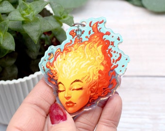 Fire element holographic effect key ring allegory female head with fire hair by Marylou Deserson