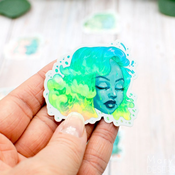 Holographic effect vinyl sticker water element allegory woman head with wave hair by Marylou Deserson