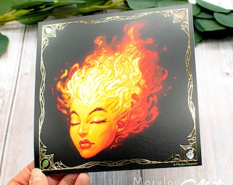 Square art print of fire and water elements, printed on both sides with gold foil stamping on high-quality paper, for home decor by Marylou Deserson
