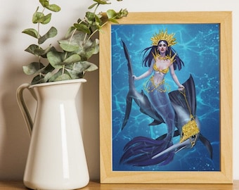 Art print A5 with gold foil The Mermaid and the swordfish - Aglaopheme Aglaope Nordic mythology ocean Mermay