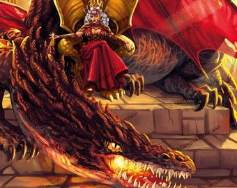 Impression d'art A5 Reine rouge et son dragon - illustration fantasy héroïque médiéval par Marylou Deserson