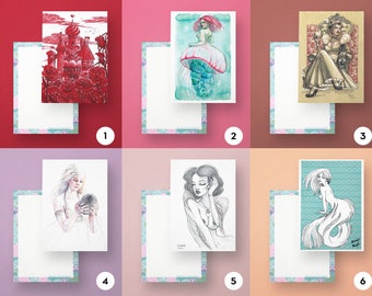 Set of postcards - 19 models to choose from- mermaid fantasy, Alice, Medusa, geisha, tiger - high quality print by Marylou Deserson