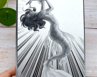 Impression d'art A5 Sirène noir et blanc - Aglaophème, Aglaopé, mythologie nordique, océan Mermay