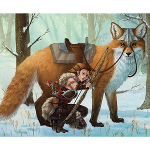The huntress and her fox - Goddess of hunting, Skadi, Artemis, viking vibes - Illustration A3 Poster, art print by Marylou Deserson image 1