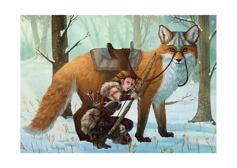 The huntress and her fox - Goddess of hunting, Skadi, Artemis, viking vibes - Illustration A3 Poster, art print by Marylou Deserson image 1