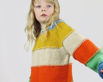 Kids Sweater Knitting Pattern with wide stripes worked top down