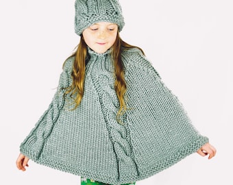 Childs Poncho Knitting Pattern, Girls Knitted Poncho pattern, Cable Poncho and Hat, Poncho Knitting pattern PDF,