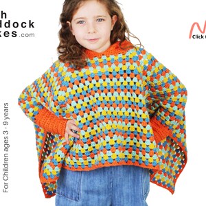 Girls crochet poncho pattern PDF, granny square poncho