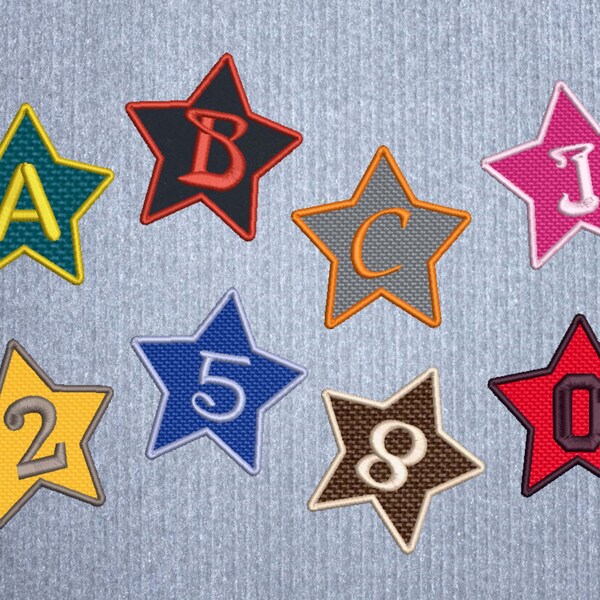 lettre et chiffre  brodé forme étoile   à coudre ou repasser 18 tailles, 40 polices écritures
