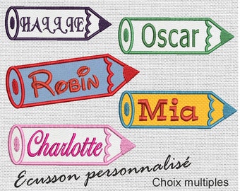 Embroidered first name badge in the shape of a sewing or ironing pencil 15 sizes, 40 writing fonts, back to school