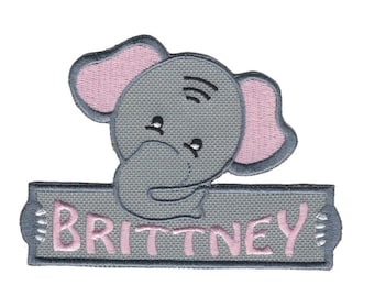 Elephant embroidered first name to sew or iron 10 cm by 7 cm, 40 writing fonts