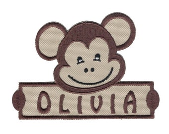 Monkey first name embroidered to sew or iron 10 cm by 7 cm, 40 writing fonts