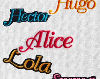 embroidered first name to sew or iron 16 sizes, 40 writing fonts