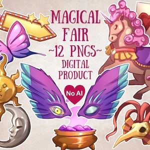 Puede incluir: Un conjunto de 12 imágenes de clipart digitales que presentan elementos de feria mágica y caprichosos. Las imágenes incluyen un unicornio, una mariposa, un sol, una luna, una máscara, un caldero, una máscara de bufón y un letrero. Las imágenes son de estilo de dibujos animados y son perfectas para agregar un toque de magia a tus proyectos.