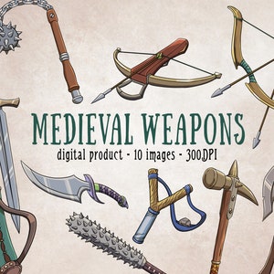 Puede incluir: Un conjunto de 10 armas medievales de dibujos animados, que incluyen una espada, una maza, una daga, un arco y flechas, una ballesta, una honda, un garrote con púas y un hacha. Las armas están dibujadas en un estilo de dibujos animados con colores brillantes y detalles.  "MEDIEVAL WEAPONS" está escrito en texto verde en la parte superior de la imagen.  "digital product - 10 images - 300DPI" está escrito en texto negro debajo del título.