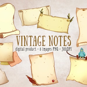 Op de afbeelding: Acht vintage-stijl blanco notitiepapieren met verschillende vormen en maten. De papieren zijn in verschillende tinten beige en crème met een textuur. Sommige papieren hebben decoratieve elementen zoals een vogel, een veer en een blad.