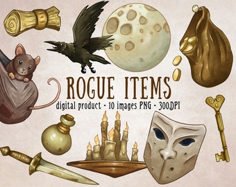 Rogue DnD Items Clipart, Dungeons and Dragons inspired Rogue Inventory, Mystical Scrapbooking Items, Printable Fantasy Moon, Dagger, Candles
