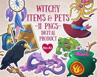 Witch Clipart Set - Hand Drawn Digital Art with Witch Items, Magical Pets, Witchy Accessories, Witchy Decor, Witch Printables, DnD Witch