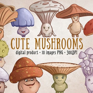 Cute Mushrooms Clipart, Woodland Mushroom Scrapbooking, Fall Decor Printables, Fairytale Mushroom Characters, Digital Stickers Mushroom PNG