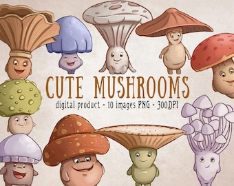 Cute Mushrooms Clipart, Woodland Mushroom Scrapbooking, Fall Decor Printables, Fairytale Mushroom Characters, Digital Stickers Mushroom PNG