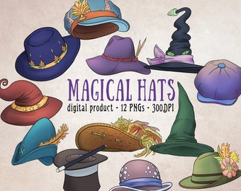 Hats Clipart, Magic Hat, Fantasy Hats PNG, Wizard Hat Clipart, Witch Hat Clipart, Pirate Hat Clipart, Digital Scrapbooking