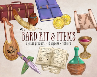 Adventure Kit Clipart, Dungeons and Dragons Bard Scrapbooking Set, Fantasy Digital Sticker, Adventure Map Clipart