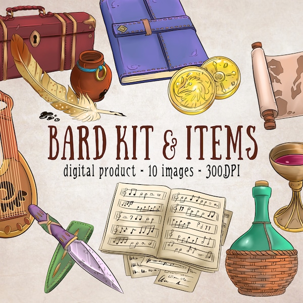Adventure Kit Clipart, Dungeons and Dragons Bard Scrapbooking Set, Fantasy Digital Sticker, Adventure Map Clipart