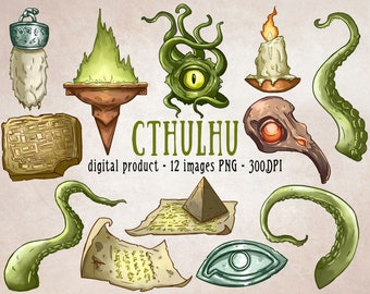 Cthulhu Lovecraft Clipart, Printable Occult Magic Scrapbooking, Tentacles Horror Clipart, RPG Fantasy Printables, Call Of Cthulhu PNG