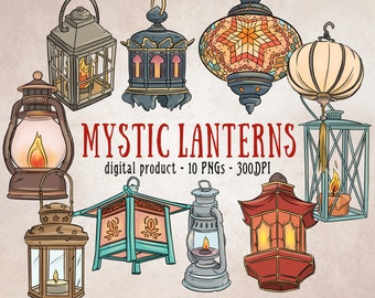 Lantern Clipart, Rustic Lantern, Asian Lantern, Lantern Scrapbooking, Vintage Lantern, Set of 10, Combined and Single PNGs