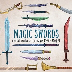 Magic Swords Clipart Set, Digital Scrapbooking Fantasy Swords, Magical Weapon DnD Items Download, Nerdy Clipart Frost Fire Mage Swords PNG