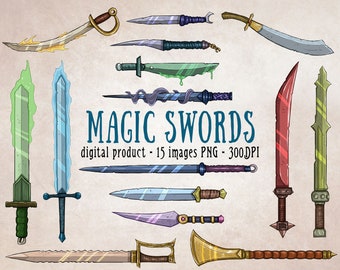 Magic Swords Clipart Set, Digital Scrapbooking Fantasy Swords, Magical Weapon DnD Items Download, Nerdy Clipart Frost Fire Mage Swords PNG