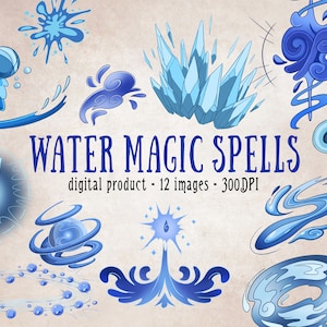 May include: A set of 12 digital illustrations of water magic spells. The images feature blue and white water droplets, swirls, and ice crystals. The text "WATER MAGIC SPELLS" is written in a blue font.