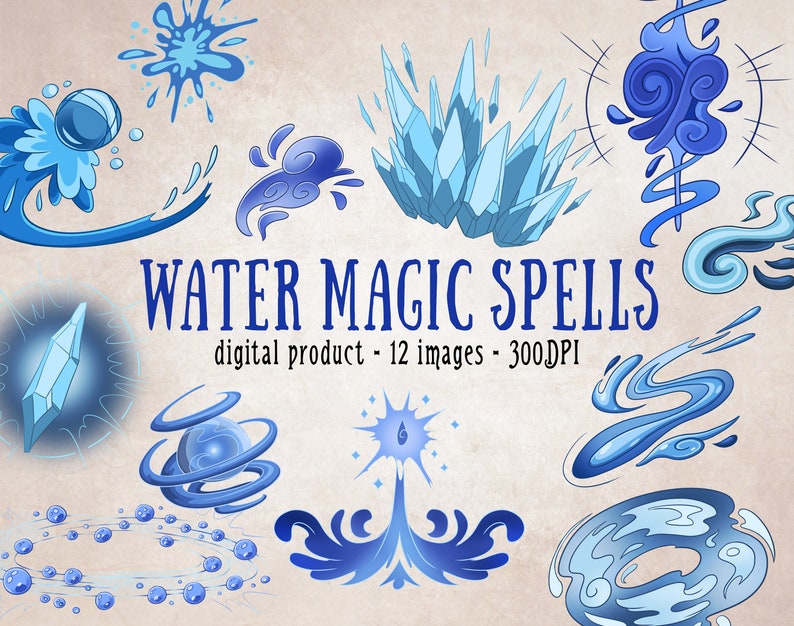 May include: A set of 12 digital illustrations of water magic spells. The images feature blue and white water droplets, swirls, and ice crystals. The text "WATER MAGIC SPELLS" is written in a blue font.
