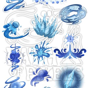 May include: A collection of blue and white water-themed illustrations, including swirls, waves, splashes, and ice crystals. The illustrations are in a cartoon style and are perfect for use in digital or physical projects.