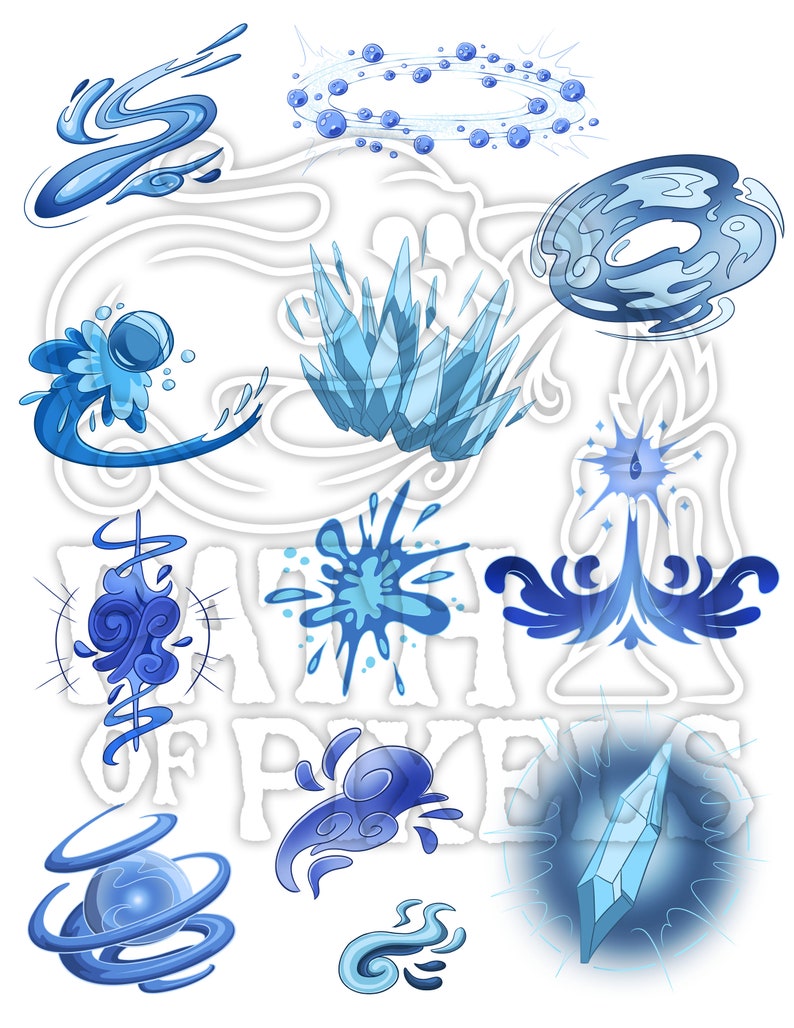 May include: A collection of blue and white water-themed illustrations, including swirls, waves, splashes, and ice crystals. The illustrations are in a cartoon style and are perfect for use in digital or physical projects.